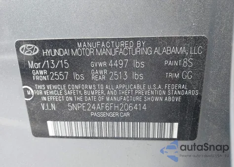 2015 Hyundai Sonata Se from USA, damaged, VIN 5NPE24AF6FH206641